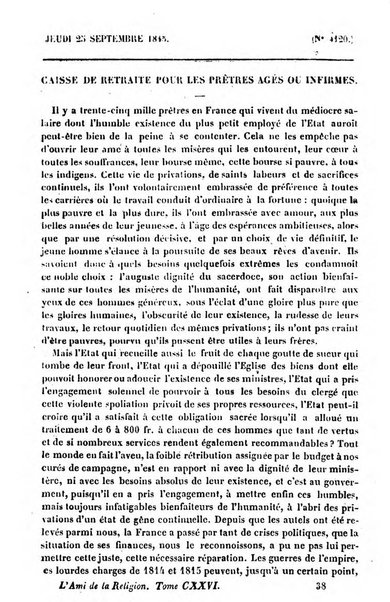 L'ami de la religion journal et revue ecclesiastique, politique et litteraire