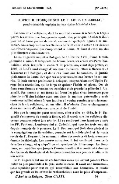 L'ami de la religion journal et revue ecclesiastique, politique et litteraire