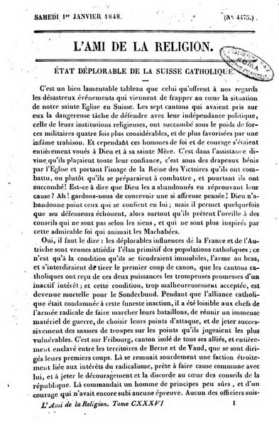 L'ami de la religion journal et revue ecclesiastique, politique et litteraire