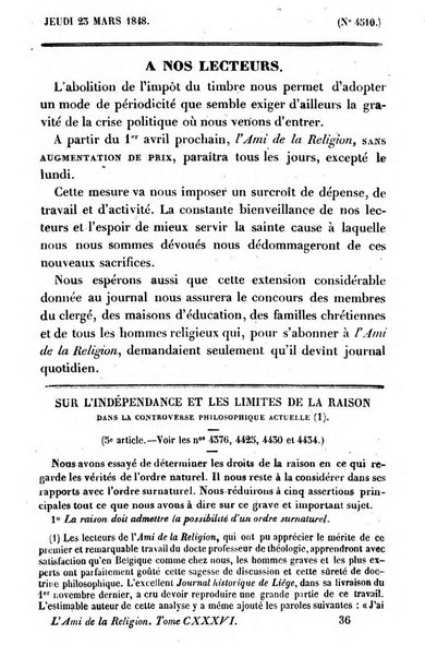 L'ami de la religion journal et revue ecclesiastique, politique et litteraire