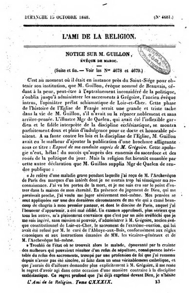 L'ami de la religion journal et revue ecclesiastique, politique et litteraire