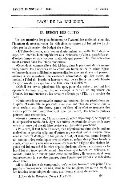 L'ami de la religion journal et revue ecclesiastique, politique et litteraire