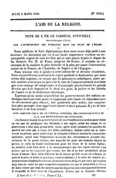 L'ami de la religion journal et revue ecclesiastique, politique et litteraire