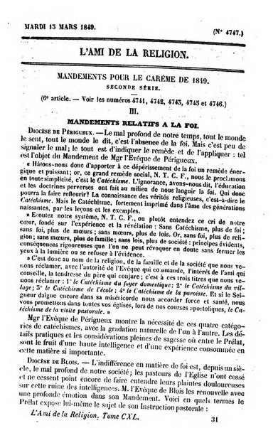 L'ami de la religion journal et revue ecclesiastique, politique et litteraire