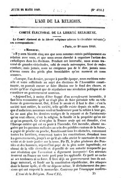 L'ami de la religion journal et revue ecclesiastique, politique et litteraire