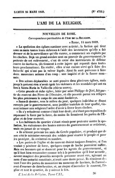 L'ami de la religion journal et revue ecclesiastique, politique et litteraire