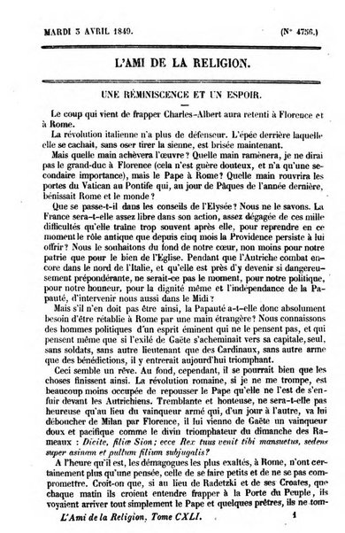 L'ami de la religion journal et revue ecclesiastique, politique et litteraire