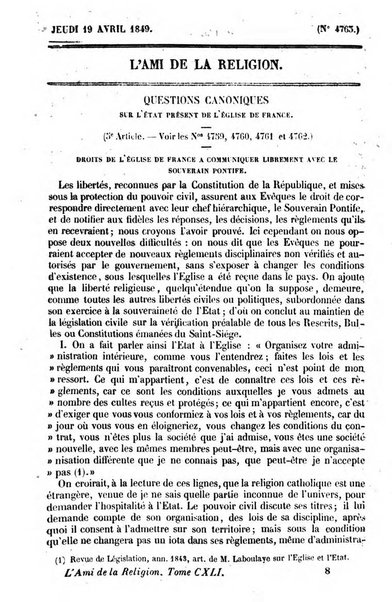 L'ami de la religion journal et revue ecclesiastique, politique et litteraire