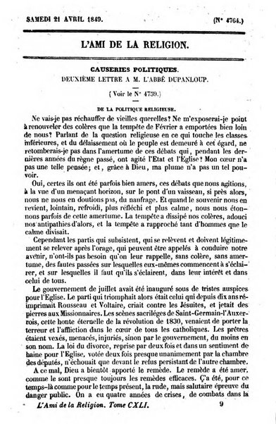 L'ami de la religion journal et revue ecclesiastique, politique et litteraire