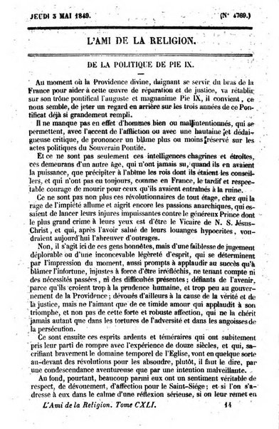 L'ami de la religion journal et revue ecclesiastique, politique et litteraire