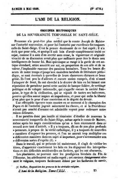 L'ami de la religion journal et revue ecclesiastique, politique et litteraire