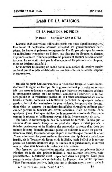 L'ami de la religion journal et revue ecclesiastique, politique et litteraire