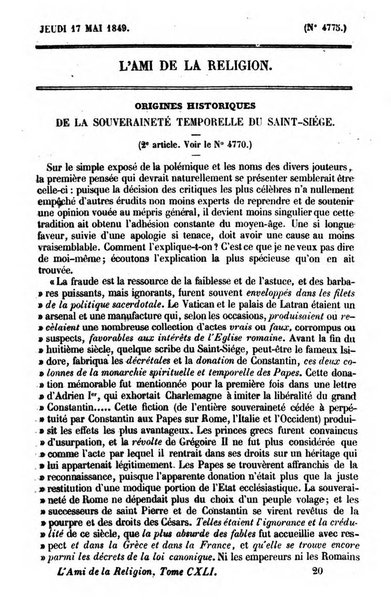 L'ami de la religion journal et revue ecclesiastique, politique et litteraire