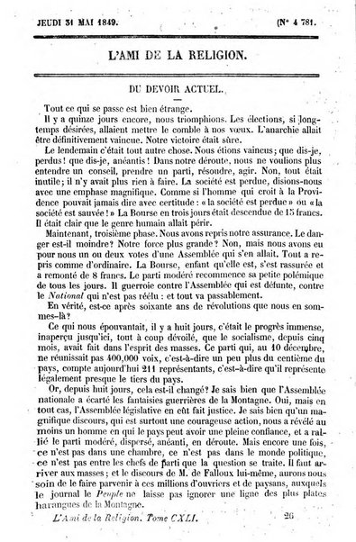 L'ami de la religion journal et revue ecclesiastique, politique et litteraire