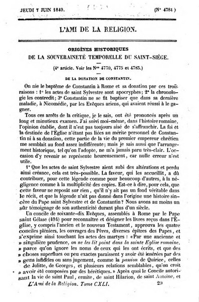 L'ami de la religion journal et revue ecclesiastique, politique et litteraire