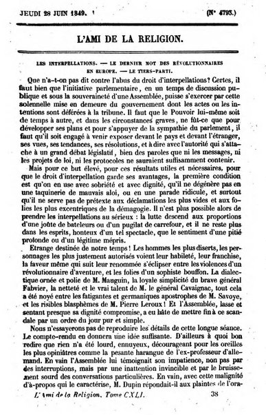 L'ami de la religion journal et revue ecclesiastique, politique et litteraire