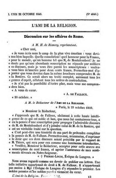 L'ami de la religion journal et revue ecclesiastique, politique et litteraire