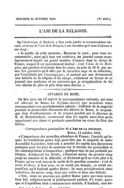 L'ami de la religion journal et revue ecclesiastique, politique et litteraire