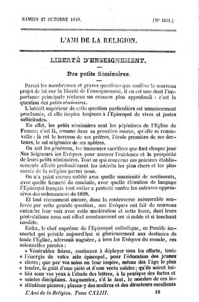 L'ami de la religion journal et revue ecclesiastique, politique et litteraire