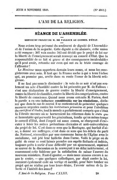 L'ami de la religion journal et revue ecclesiastique, politique et litteraire