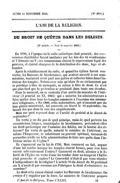 L'ami de la religion journal et revue ecclesiastique, politique et litteraire