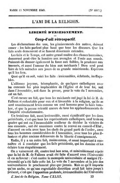 L'ami de la religion journal et revue ecclesiastique, politique et litteraire