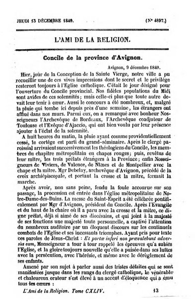 L'ami de la religion journal et revue ecclesiastique, politique et litteraire