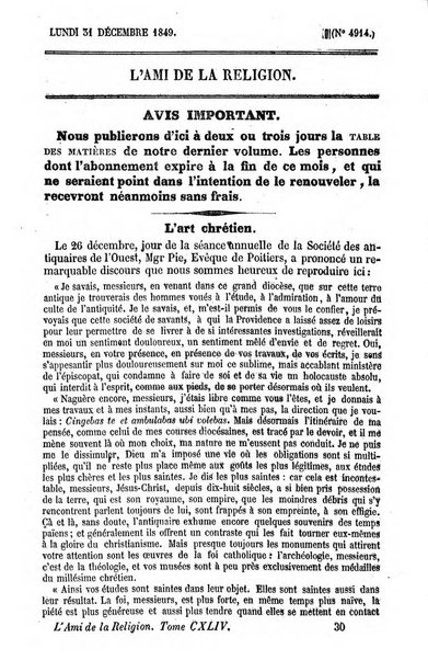 L'ami de la religion journal et revue ecclesiastique, politique et litteraire