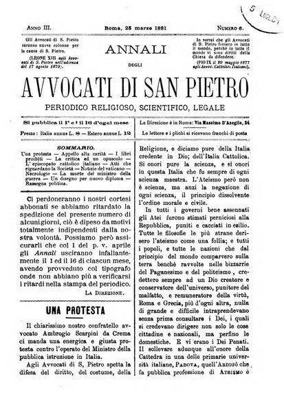 Annali degli avvocati di San Pietro periodico religioso, scientifico, legale