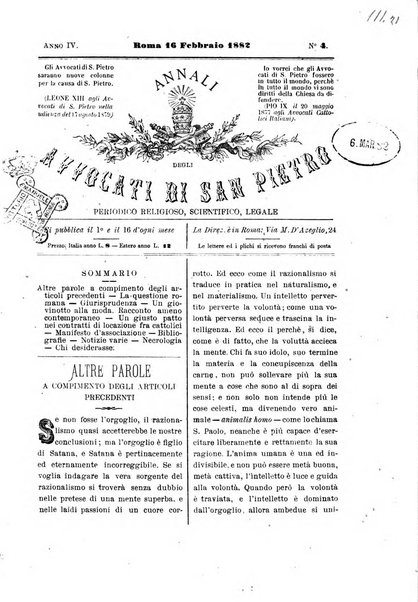 Annali degli avvocati di San Pietro periodico religioso, scientifico, legale