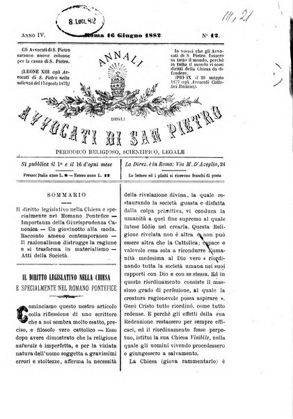 Annali degli avvocati di San Pietro periodico religioso, scientifico, legale