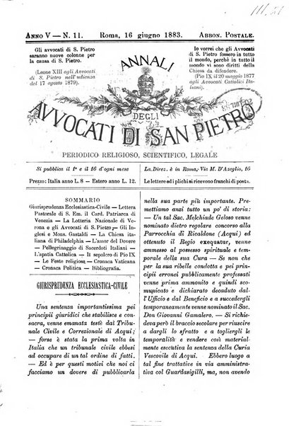 Annali degli avvocati di San Pietro periodico religioso, scientifico, legale