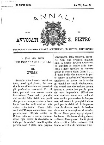 Annali degli avvocati di San Pietro periodico religioso, scientifico, legale