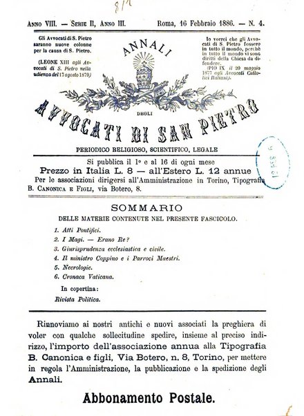 Annali degli avvocati di San Pietro periodico religioso, scientifico, legale