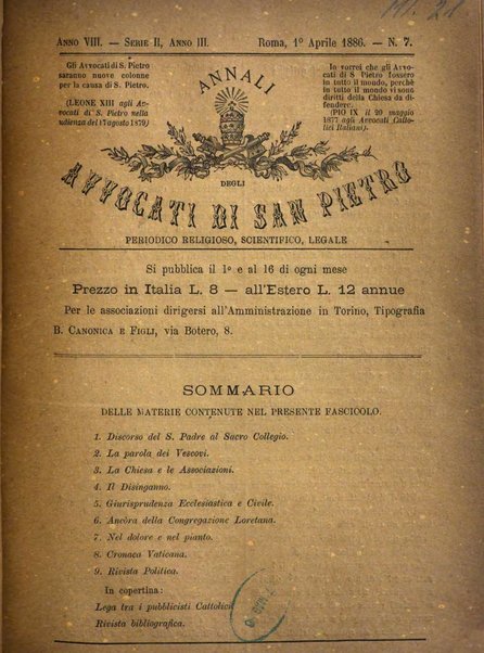 Annali degli avvocati di San Pietro periodico religioso, scientifico, legale