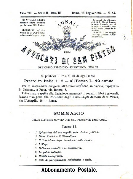 Annali degli avvocati di San Pietro periodico religioso, scientifico, legale