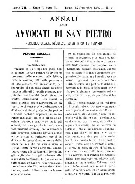 Annali degli avvocati di San Pietro periodico religioso, scientifico, legale