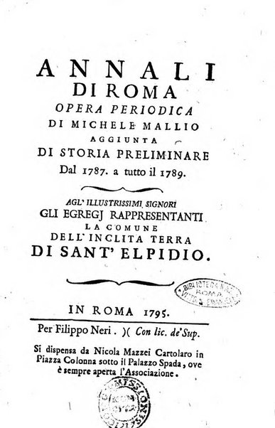 Annali di Roma opera periodica del sig. ab. Michele Mallio