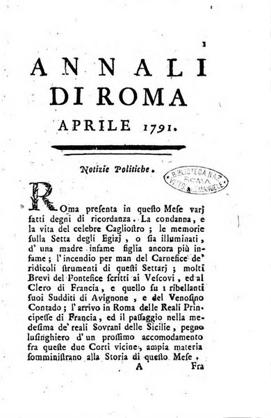 Annali di Roma opera periodica del sig. ab. Michele Mallio