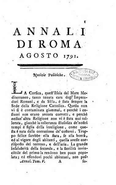 Annali di Roma opera periodica del sig. ab. Michele Mallio