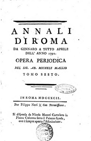 Annali di Roma opera periodica del sig. ab. Michele Mallio