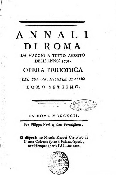 Annali di Roma opera periodica del sig. ab. Michele Mallio