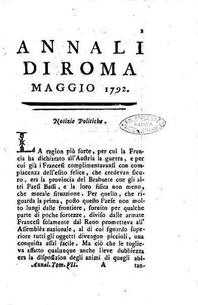 Annali di Roma opera periodica del sig. ab. Michele Mallio