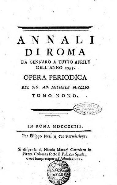 Annali di Roma opera periodica del sig. ab. Michele Mallio