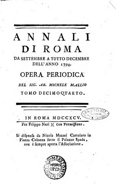 Annali di Roma opera periodica del sig. ab. Michele Mallio