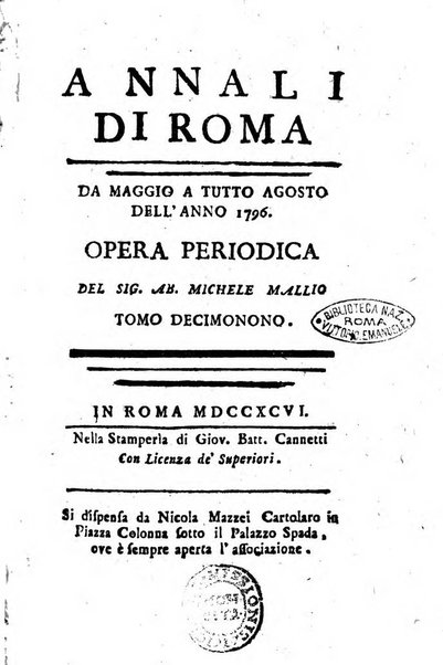 Annali di Roma opera periodica del sig. ab. Michele Mallio