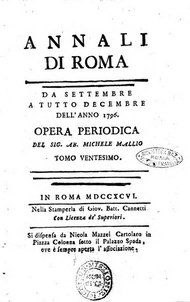 Annali di Roma opera periodica del sig. ab. Michele Mallio