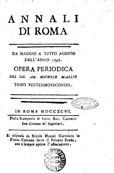 Annali di Roma opera periodica del sig. ab. Michele Mallio