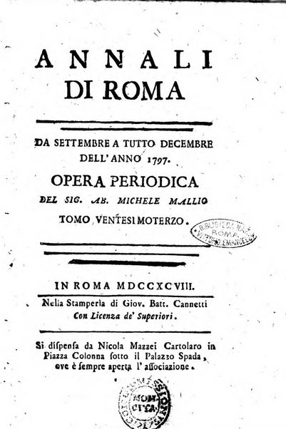 Annali di Roma opera periodica del sig. ab. Michele Mallio