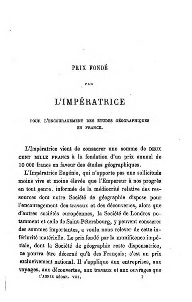 L'annee geographique revue annuelle des voyages de terre et de mer ainsi que des explorations, missions, relations et publications relatives aux sciences geographiques et ethnographiques